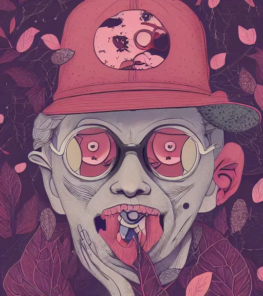 Prompt: portrait, nightmare anomalies, leaves with a hat by miyazaki, violet and pink and white palette, illustration, kenneth blom, mental alchemy, james jean, pablo amaringo, naudline pierre, contemporary art, hyper detailed