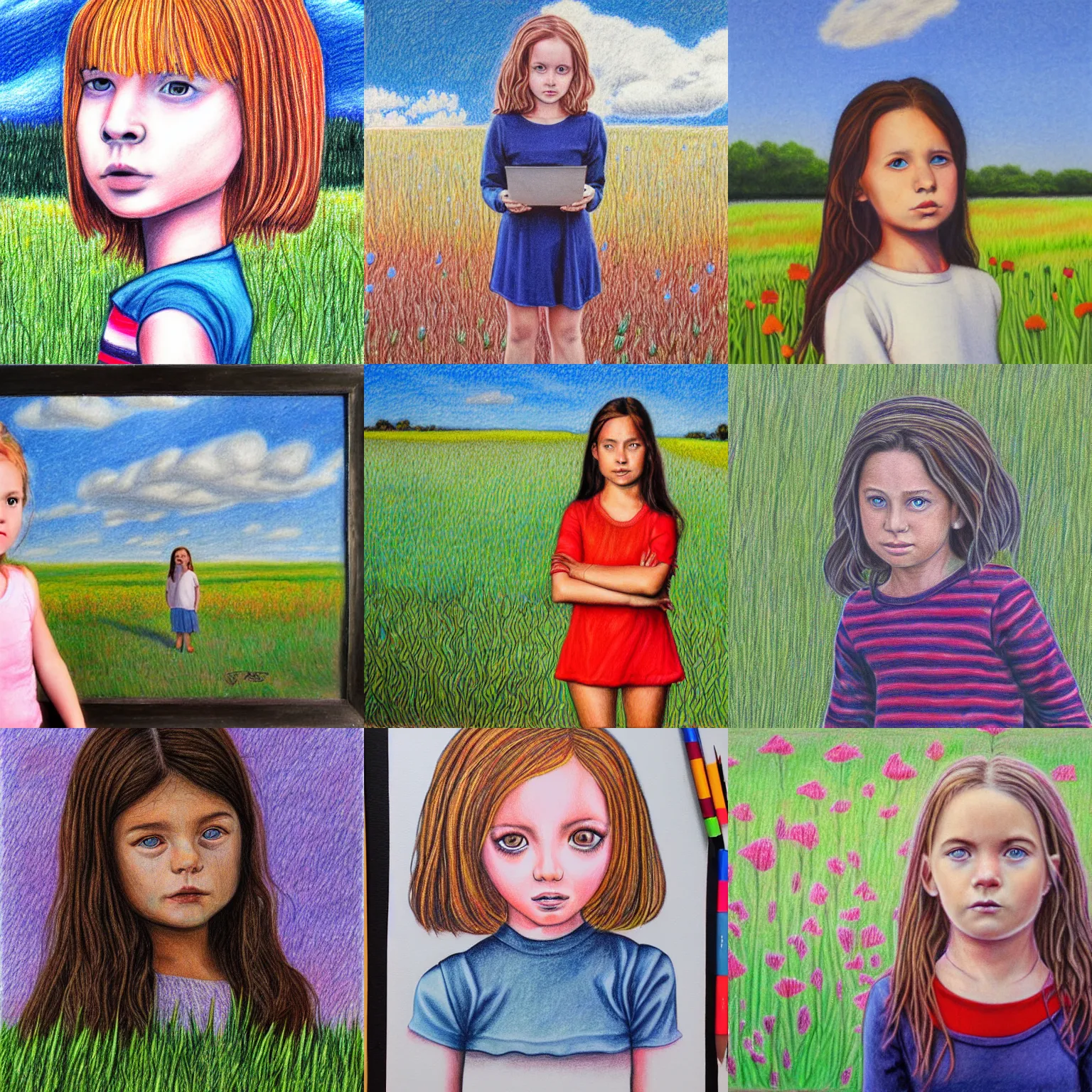 Prompt: futuristic portrait colored pencil drawing of curious girl standing in field looking at camera.