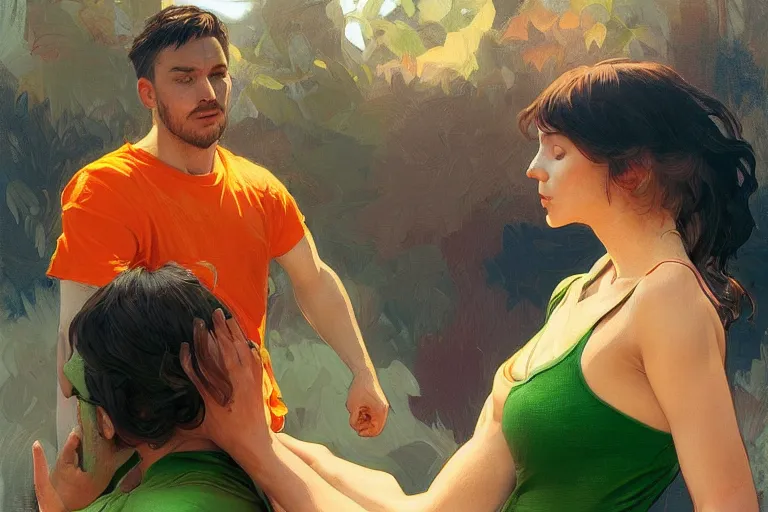 Image similar to portrait of a man in orange t - shirt wrestling with a girl in green dress, highly detailed, digital painting, artstation, concept art, smooth, sharp focus, illustration, art by artgerm and greg rutkowski and alphonse mucha