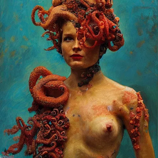 Image similar to a sculpture portrait made of seaweed and coral and shells and octopus, painting part by wojciech siudmak, part by ilya repin, part by max ernst, part by norman rockwell, artstation