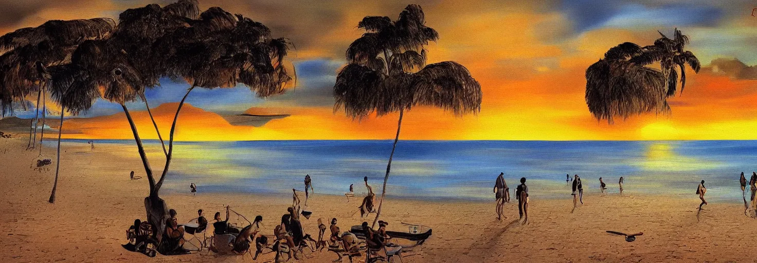 Image similar to People in beach, beach is between the two valleys, by Salvador Dali and Bob Ross collaboration, sun set, digital art, high details, wide shot