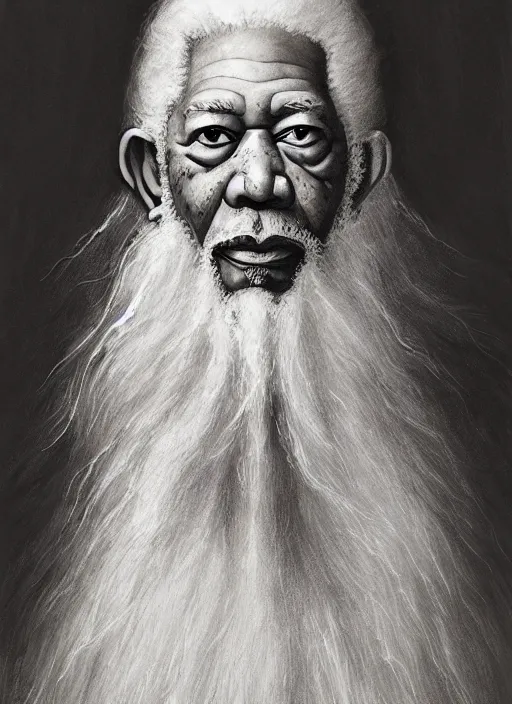 Image similar to portrait of morgan freeman as evil saurman the white, long white hair and white beard, long white robes, by alan lee, lord of the rings, smooth, oil painting, matte painting, concept art, trending on artstation, promotional artwork, film still, elegant, photorealistic facial features, intricate, detailed face, cinematic lighting
