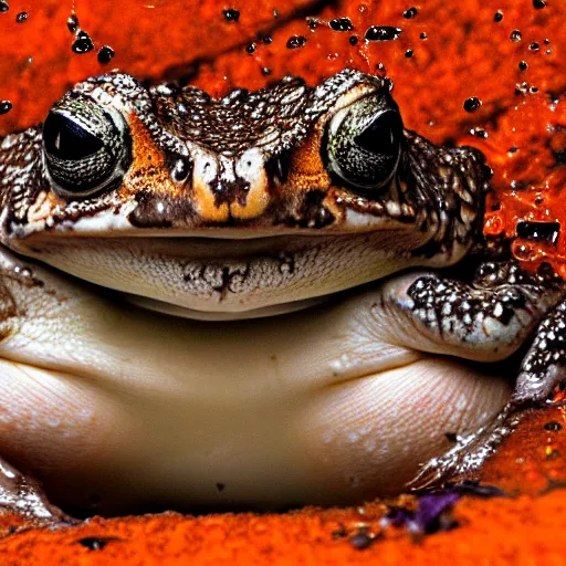 Prompt: deep camouflage angry toad evil eyes poking out eyes from under the water ultra sharp blur background simple background deep brown orange evil eyes