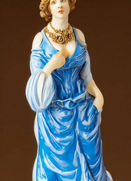 Image similar to 80mm, resin detailed model figure of a female wearing a blue baroque dress with glod ornaments