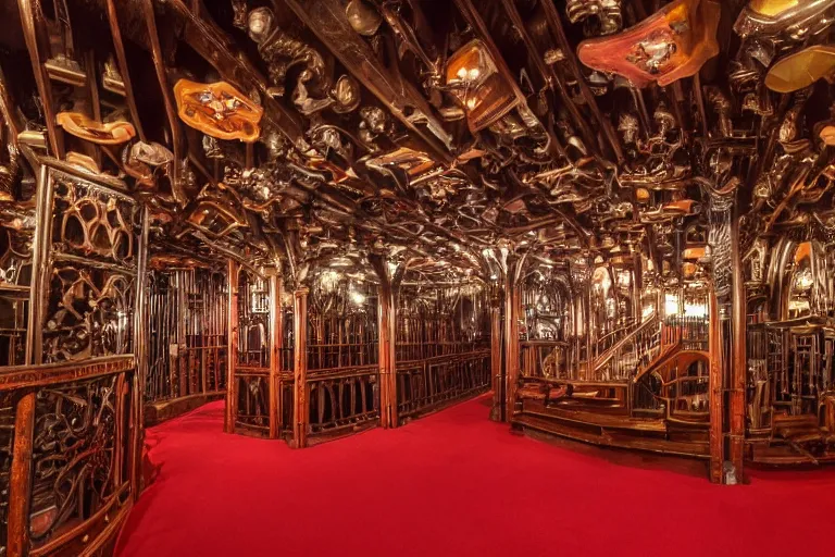 Image similar to the interior of the organ room at house on the rock made of red carpet and black wrought - iron, and is full of curved elevated walkways, interwoven catwalks, spiral ramps, and twisted staircases that are surrounded by cluttered arrangements of parts of pipe organs, clock gears, and engine components.