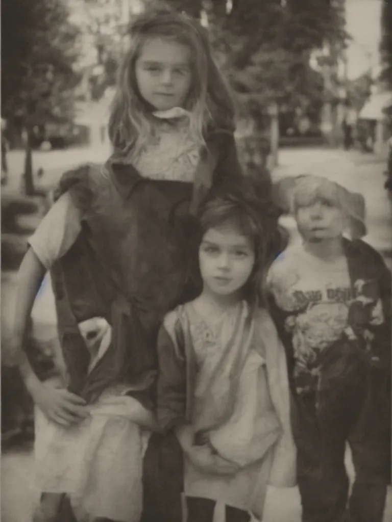 Image similar to two kids, portrait, strong backlight, town square, 1 9 8 0, polaroid