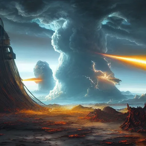 Image similar to enormous nuclear detonation, sci - fi scene, fantasy, hd, volumetric lighting, 4 k, intricate detail, by jesper ejsing, irakli nadar