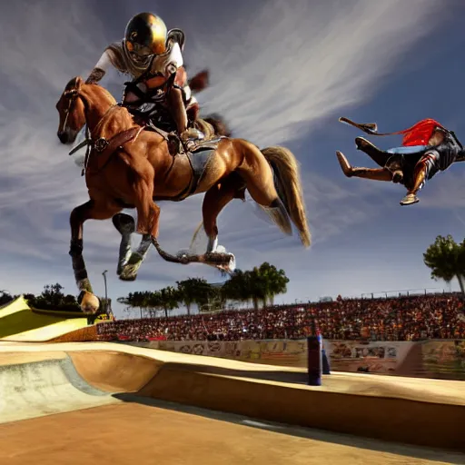 Image similar to roman horse with chariot racer high jumping in a skate park half-pipe, video game cover, intense, high detail, crowd cheering, Tony Hawk