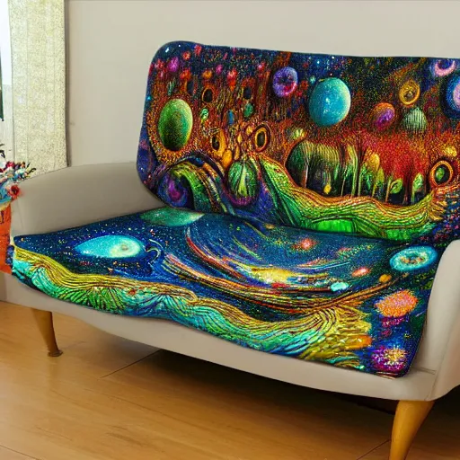 Prompt: psychedelic trippy couch pine forest planets milky way sofa by louis wain