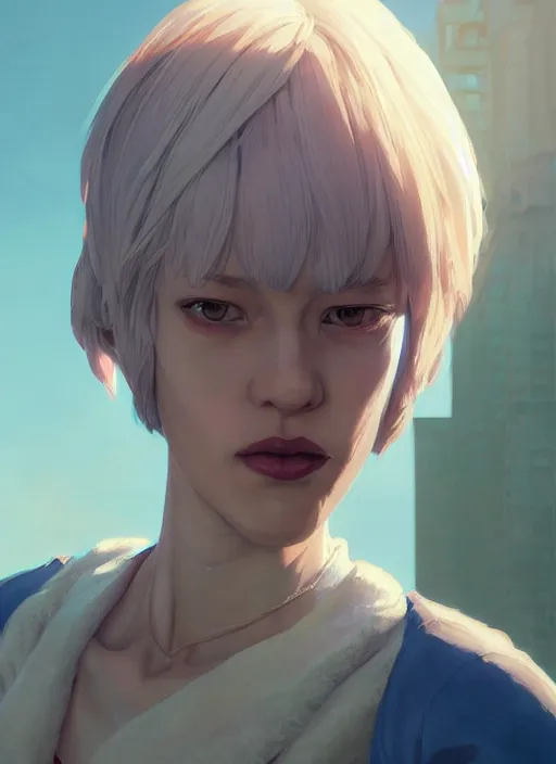 Image similar to highly detailed portrait of rei ayanami in gta v, stephen bliss, unreal engine, fantasy art by greg rutkowski, loish, rhads, ferdinand knab, makoto shinkai and lois van baarle, ilya kuvshinov, rossdraws, tom bagshaw, global illumination, radiant light, detailed and intricate environment