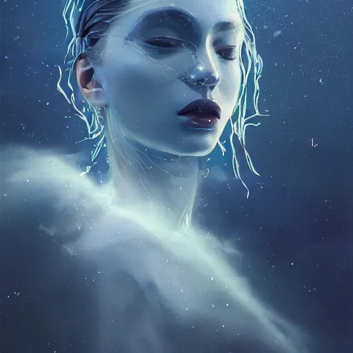 Prompt: sci - fi, close - up, 3 d, moon rays, night, sleepy fashion model face, cinematic, clouds, moon rays, vogue cover style, poster art, blue mood, realistic painting, intricate oil painting, high detail illustration, figurative art, multiple exposure, water, 3 d, by tooth wu and wlop and beeple and greg rutkowski