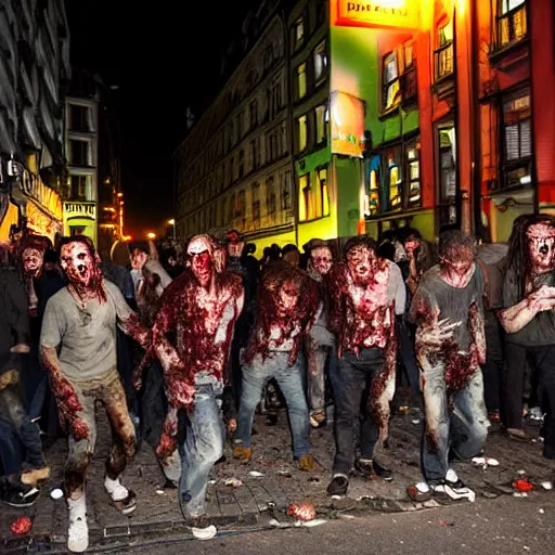 Prompt: zombies crowding the streets, drinking beer, in kreuzberg, at night