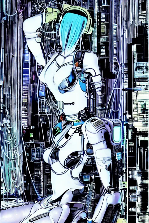 Image similar to a perfect cyberpunk illustration of a female android seated on the floor in a tech labor, seen from the side with her body open showing cables and wires coming out, by masamune shirow, hajime sorayama and katsuhiro otomo, japan, 1980s, dark, colorful