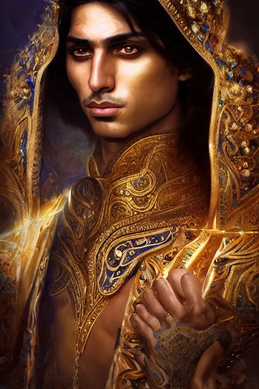 Image similar to Beautiful portrait of a Persian Prince who is a warrior, handsome prince of persia, face painting, attractive young man, persian style architecture, dramatic lighting, intricate, wild, highly detailed, digital painting, artstation, concept art, smooth, sharp focus, illustration, art by artgerm and greg rutkowski and alphonse mucha, footage from space camera