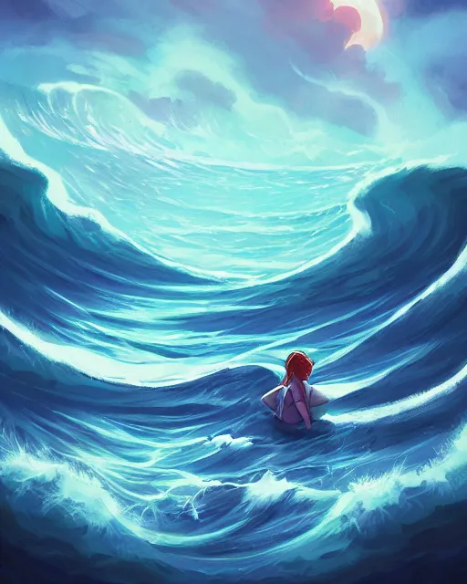 Prompt: ocean waves beneath starlight, loish, lois van baarle, android jones and rhads, digital art