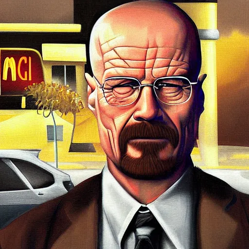 Image similar to oil digital painting of walter white at mcdonalds by ina wong