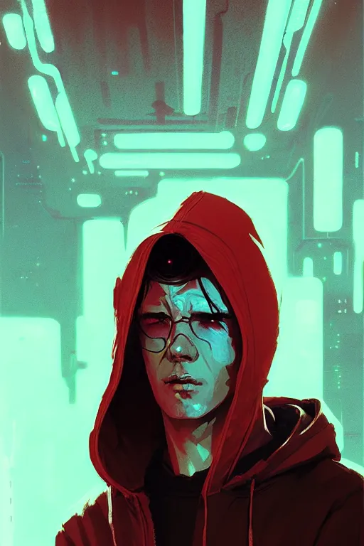 Image similar to cyberpunk synth, hyper - realistic portrait of a man in a white and red hoodie, cyberpunk, by atey ghailan, by greg rutkowski, by greg tocchini, by james gilleard, by joe fenton, by kaethe butcher, dynamic lighting, gradient light blue, brown, blonde cream and white color scheme, grunge aesthetic