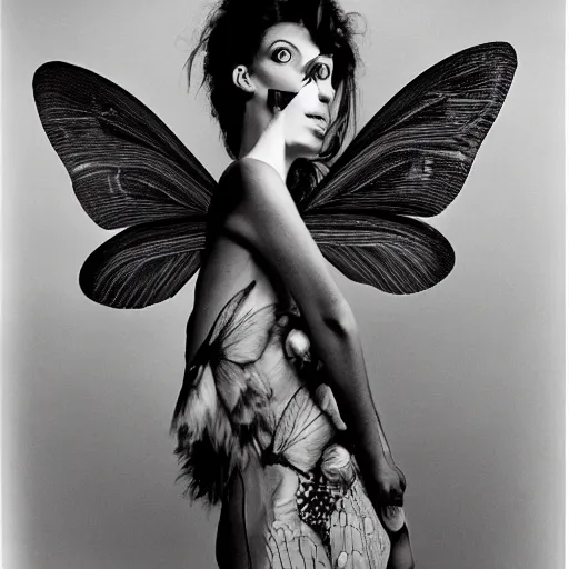 Image similar to a person with moth wings and a proboscis, large format film fashion photograph by richard avedon