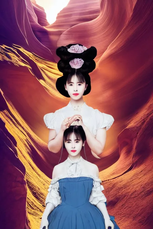 Prompt: portrait of IU from Hotel del Luna, vaporwave mixed with Victorian era aesthetic, masterpiece, set on Antelope canyon