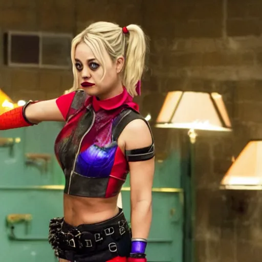 Image similar to A still of Kaley Cuoco as Harley Quinn