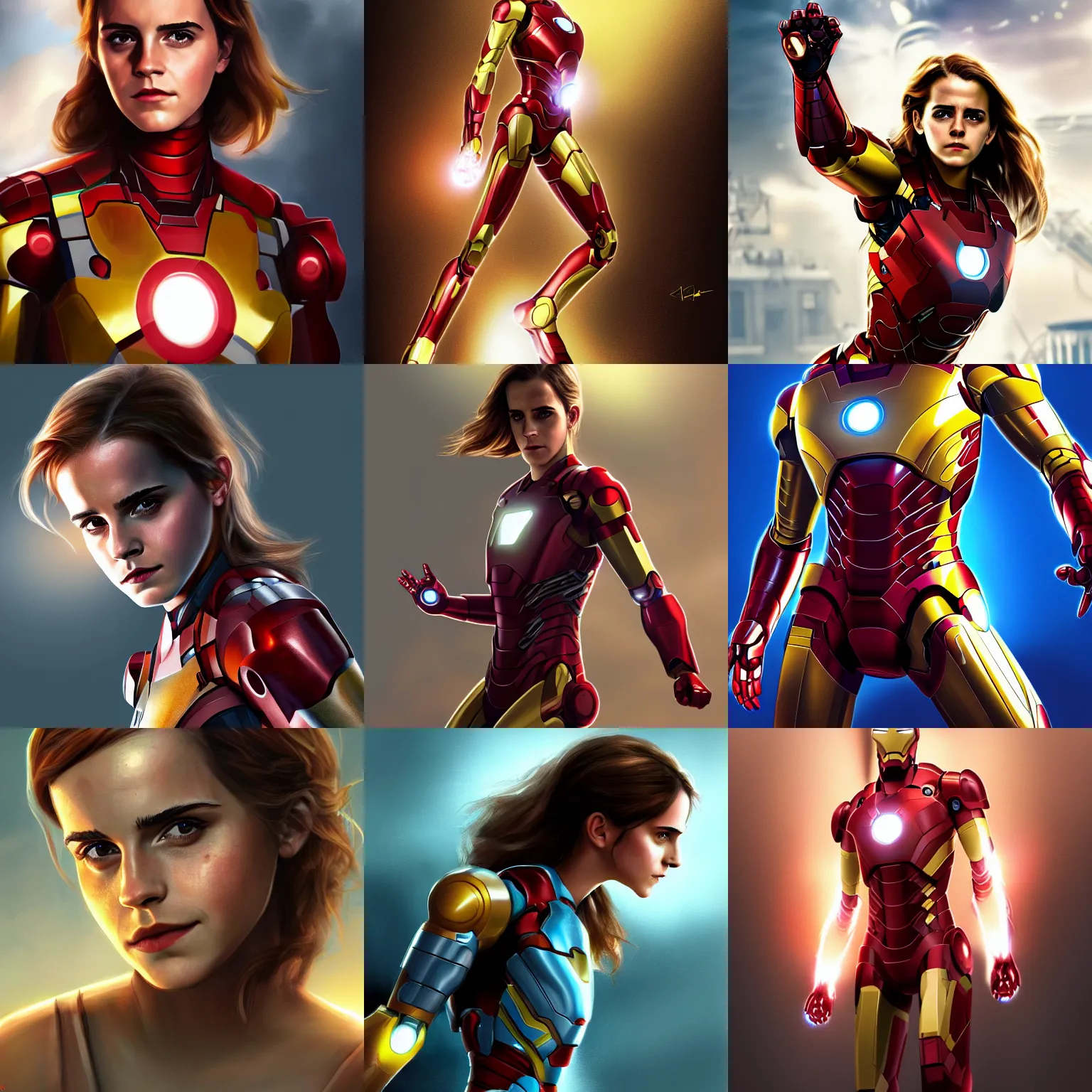 Prompt: Emma Watson as Iron Man, cinematic lighting, highly detailed, digital painting, Artstation