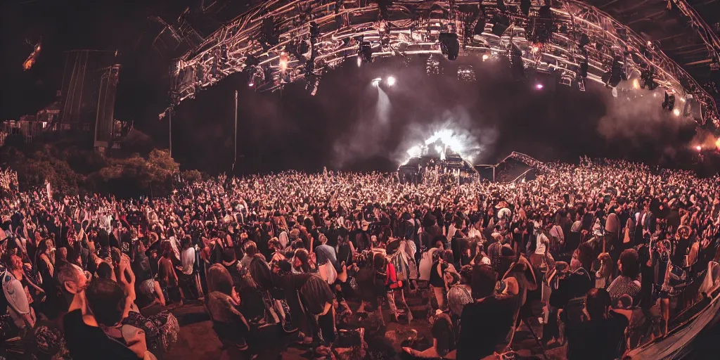 Prompt: groups of people in front of a stage, from behind, wide angle, smoke, highly detailed, beautiful lighting