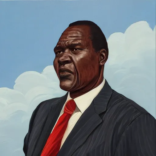 Image similar to a painting of a wide forehead, round face, XXL , smirky, fatherly, loving, caring, generous, ever-present, humble, wise elder from Kenya in a suit by Kehinde Wiley . Fatherly/daddy, focused, loving, leader, relaxed,. ethereal lights, details, smooth, sharp focus, illustration, realistic, cinematic, artstation, award winning, rgb , unreal engine, octane render, cinematic light, macro, depth of field, blur, red light and clouds from the back, highly detailed epic cinematic concept art CG render made in Maya, Blender and Photoshop, octane render, excellent composition, dynamic dramatic cinematic lighting, aesthetic, very inspirational, arthouse.