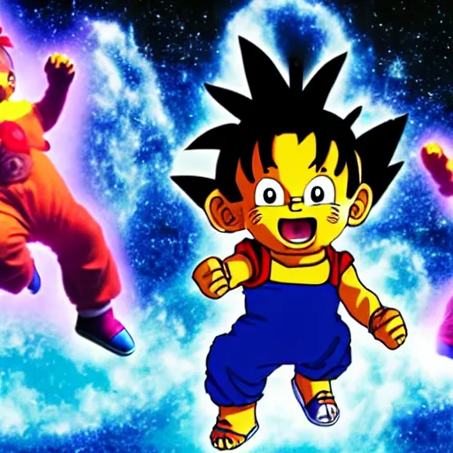 Prompt: goku playing with the teletubbies