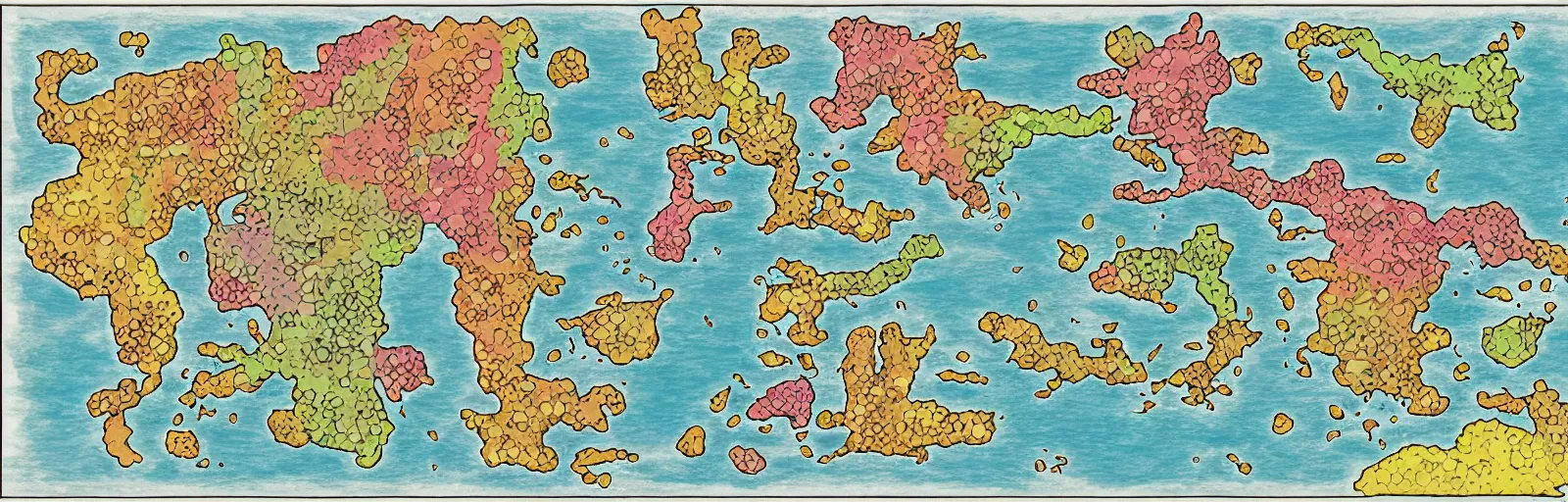 Prompt: a rpg map divided into colored regions surrounded by ocean, flat colors and strokes