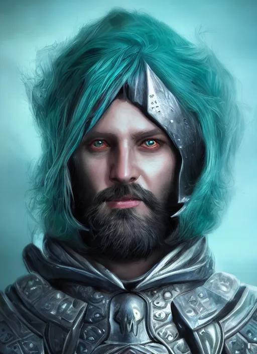 Prompt: An epic fantastic realism comic book style portrait painting of arrogant aasimar hexblade warlock, teal electricity, male, shaggy silver hair, short beard, dark gray cloak, 4k, 8k, Apex Legends Concept Art, D&D Concept Art, unreal 5, DAZ, hyperrealistic, octane render, cosplay, RPG portrait, dynamic lighting