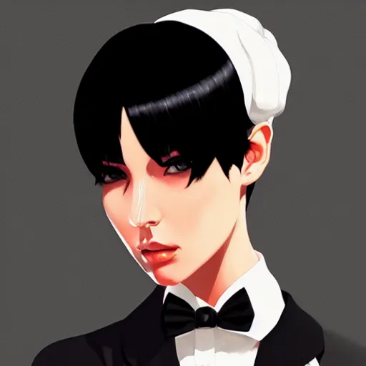 Prompt: slim mafia girl in tuxedo with black bob hair, elegant, 2d, ultra highly detailed, digital painting, smooth, sharp focus, artstation, art by Ilya Kuvshinov