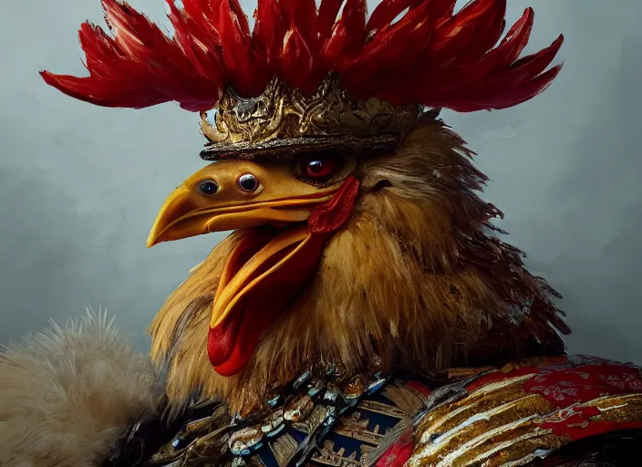 Image similar to closeup portrait of the hen emperor of japan dressed as a chicken with a scary smile, sitting on his throne, highly detailed painting by craig mullins, 4 k resolution, trending on artstation, 8 k, man dressed as a chicken