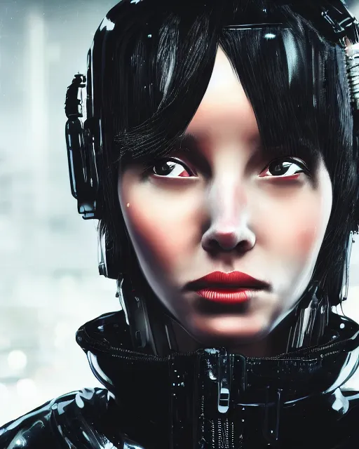 Image similar to detailed portrait guard girl with very short hair seen from the back, cyberpunk futuristic, reflective puffer jacket, black leggings, decorated with traditional ornaments in front of a dystopian crowd with piles of garbage perfect face, fine details, realistic shaded, fine - face, pretty face