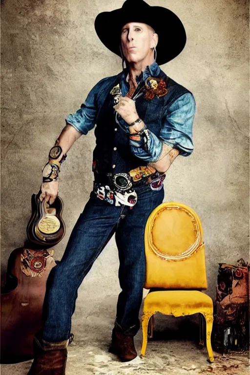 Image similar to dolce & gabbana campaign featuring maynard james keenan as a cowboy, unprocessed colors, # nofilter, shot by annie leibovitz, realistic vfx simulation