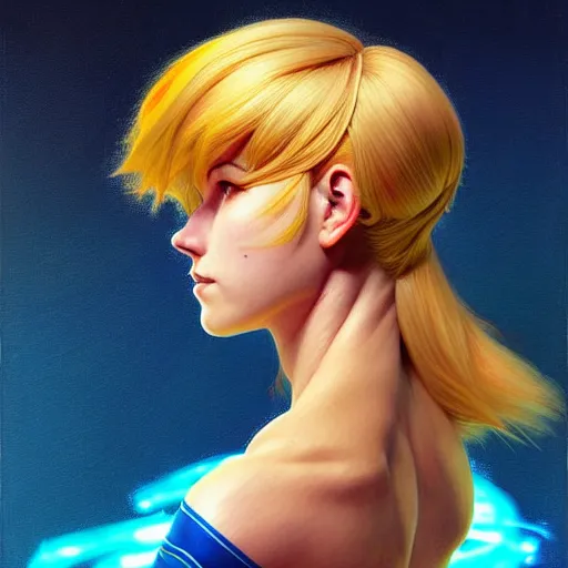 Image similar to head and shoulders portrait of Zero Suit Samus, semi realistic, digital illustration, fantasy, medium shot, intricate, elegant, highly detailed, digital painting, volumetric light, artstation, concept art, smooth, sharp focus, art by Sachin Teng and Gil Elvgren and Greg Manchess and Alphonse Mucha