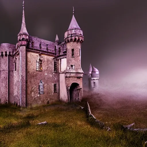 Prompt: abandoned castle, ultra realistic, 8 k, purple fog, dark, ultra detailed, highly detailed, fantastically detailed, professional photography, night time, cinematic