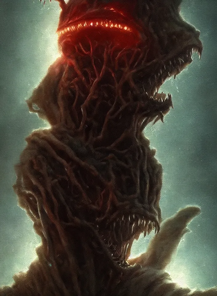 Prompt: a close portrait of a creature invoking fear, art by greg rutkowski, stranger things, horror setting, dark lighting, matte painting, trending on artstation, very detailed