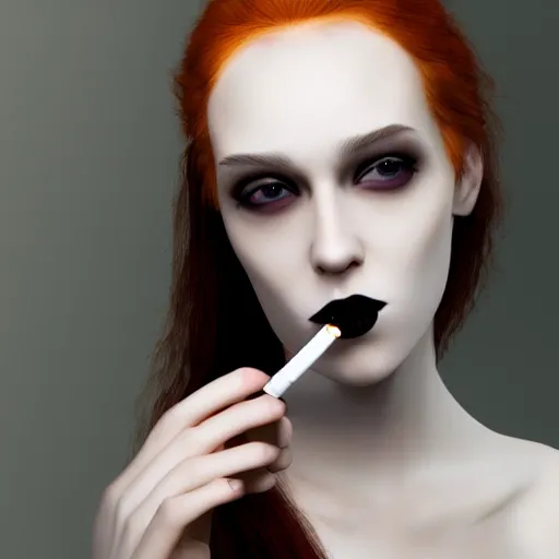 Image similar to a dignified young pale goth lady smoking a cigarette, photorealistic, sublime, 16k, smooth, sharp focus, cgsociety, trending on ArtStation, volumetric lighting