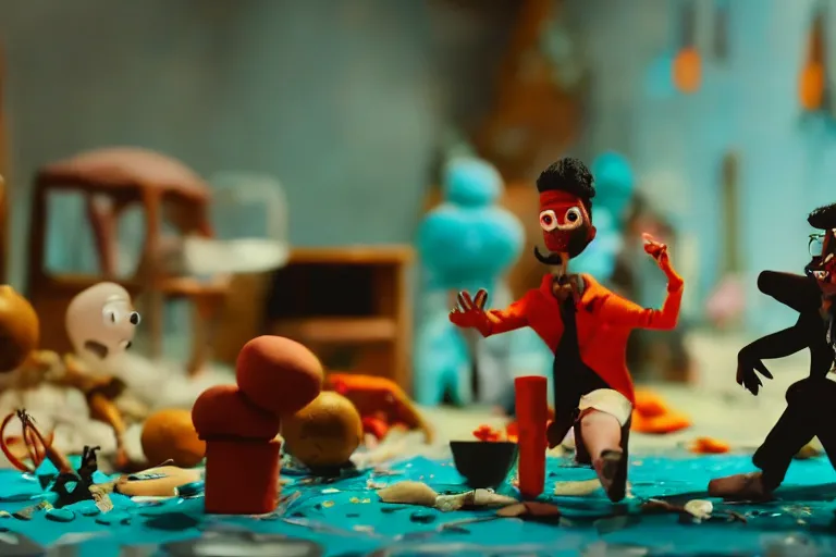 Prompt: cinematic screenshot of a stop motion claymation film about a wacky adventure starring danny brown, shallow depth of field, 1 8 mm, f 1. 8