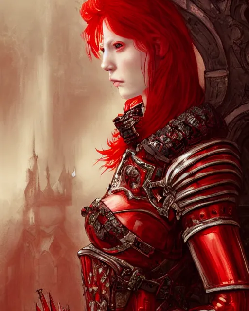 Image similar to redhead queen knight in heavy red armor, inside an ominous gothic castle, baroque, large crown, face with scars, intimidating, high fantasy, intricate detail, digital painting, artstation, concept art, smooth, sharp focus, illustration, art by yoshitaka amano and wlop and monia merlo