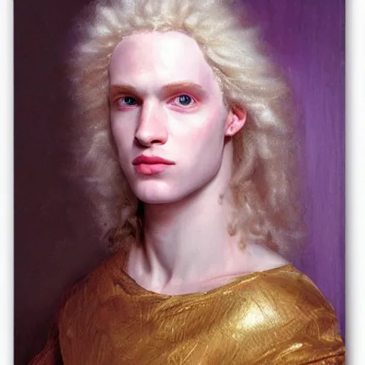 Image similar to a striking hyper real painting of Lucius the pretty pale androgynous albino prince, golden hour, beautiful delicate smile soft pink lips and lavender eyes, long fluffy curly light blond hair by Jan Matejko