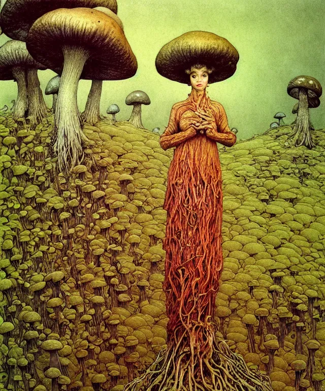 Image similar to A detailed funguswoman stands among the mushroom hills. Wearing a fungus and mushroom . Perfect faces, extremely high details, realistic, fantasy art, solo, masterpiece, art by Zdzisław Beksiński, Arthur Rackham, Dariusz Zawadzki, Edward Robert Hughes