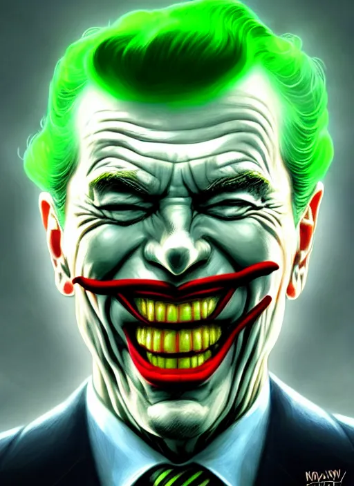 Prompt: portrait of ronald reagan as the joker, green hair, intricate, elegant, glowing lights, highly detailed, digital painting, artstation, concept art, sharp focus, illustration, art by wlop, mars ravelo and greg rutkowski