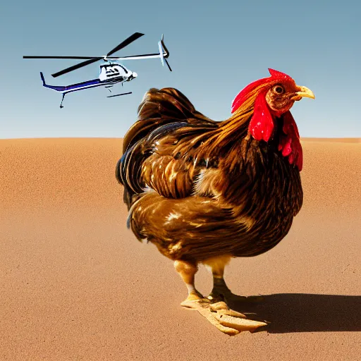 Image similar to realistic photograph of a chicken in a desert with a helicopter, high quality