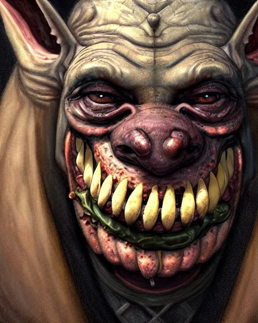 Image similar to closeup profile face portrait of a medieval goblin eating cakes in the cathedral, beautiful face, hyper realistic, highly detailed, digital painting, artstation, illustration, concept art by hyung tae, frank frazetta, bosch, giger, digital paint, matte paint, washed colors, dark, gloomy, detailed and intricate environment