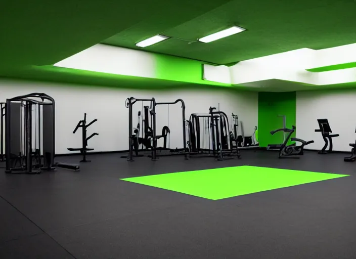 Image similar to photograph of a gym build on a bunker, cinematographic, sharp focus, elegant, green light