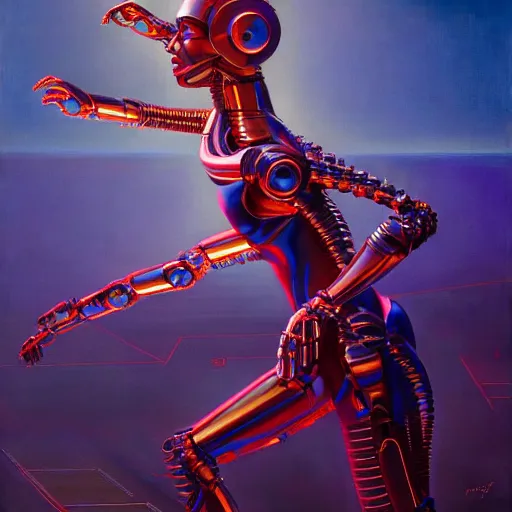 Image similar to synthetic cyborg dancing ballet, beautiful colour palette, oil paint on canvas, sharp textures, biotechnology, nikolay georgiev, alex ross, bruce pennington, donato giancola, larry elmore, masterpiece, trending on artstation, featured on pixiv, cinematic composition, sharp, details, hyper - detailed, hd, hdr, 4 k, 8 k