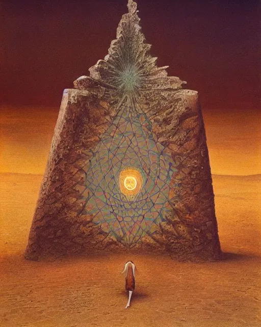 Image similar to a strange big sacred geometry pagan otherworldly monument in the middle of a desert, uncomfortable atmosphere, very expressive, powerful painting, collab by dali, carrington and beksinski