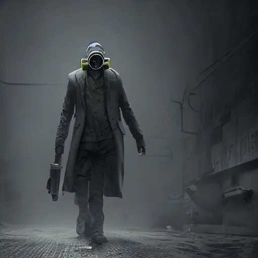 Image similar to hooden villain wearing a gas mask with smoke coming out of his body, dark background, unreal engine 5, ultra realistic, detailed, fog, by greg rutkowski