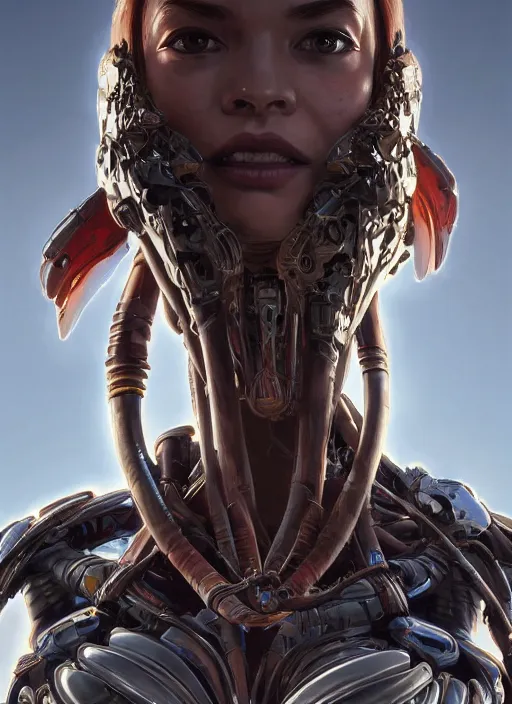 Image similar to asymmetrical!! portrait of an alien with large tubes in face in the style of, machine face, intricate, elegant, highly detailed, digital painting, artstation, concept art, smooth, sharp focus, illustration, art by artgerm and greg rutkowski and alphonse mucha, horizon zero dawn 8 k